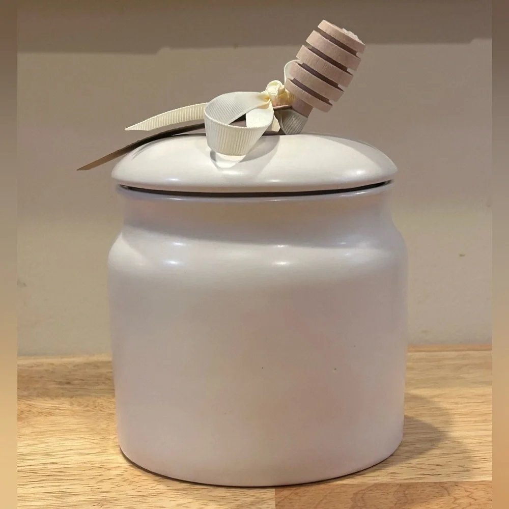 Rae Dunn Artisans Collection Ceramic Honey Jar With Lid & Wood Spoon NWTS